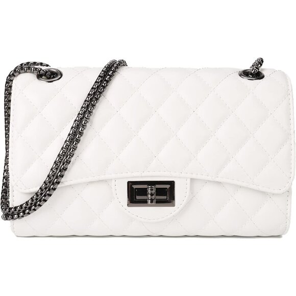 Women White-i PU Quilted Stylish Crossbody Bag with Chain Strap & Flap Closure - Picture 1 of 6